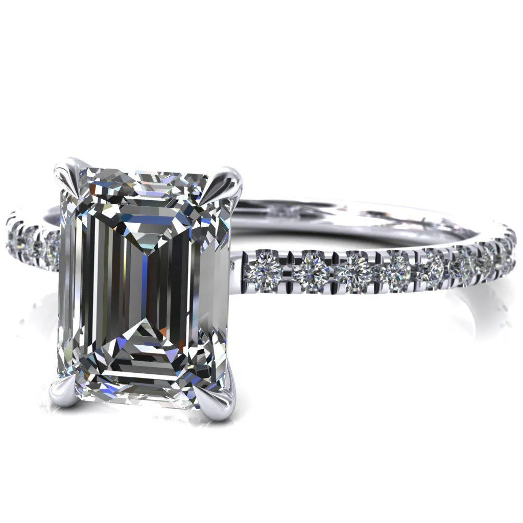 Alayna Emerald Moissanite 4 Claw Prong 3/4 Micro Pave Diamond Accent Ring Engagement Ring