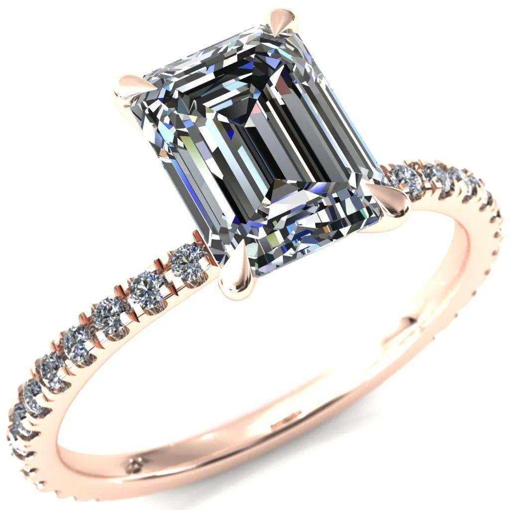 Alayna Emerald Moissanite 4 Claw Prong 3/4 Micro Pave Diamond Accent Ring Engagement Ring