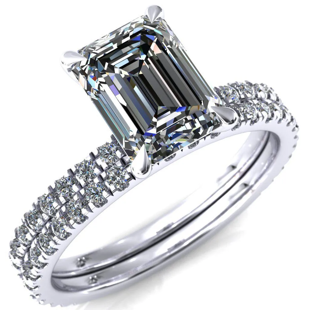 Alayna Emerald Moissanite 4 Claw Prong 3/4 Micro Pave Diamond Accent Ring Engagement Ring