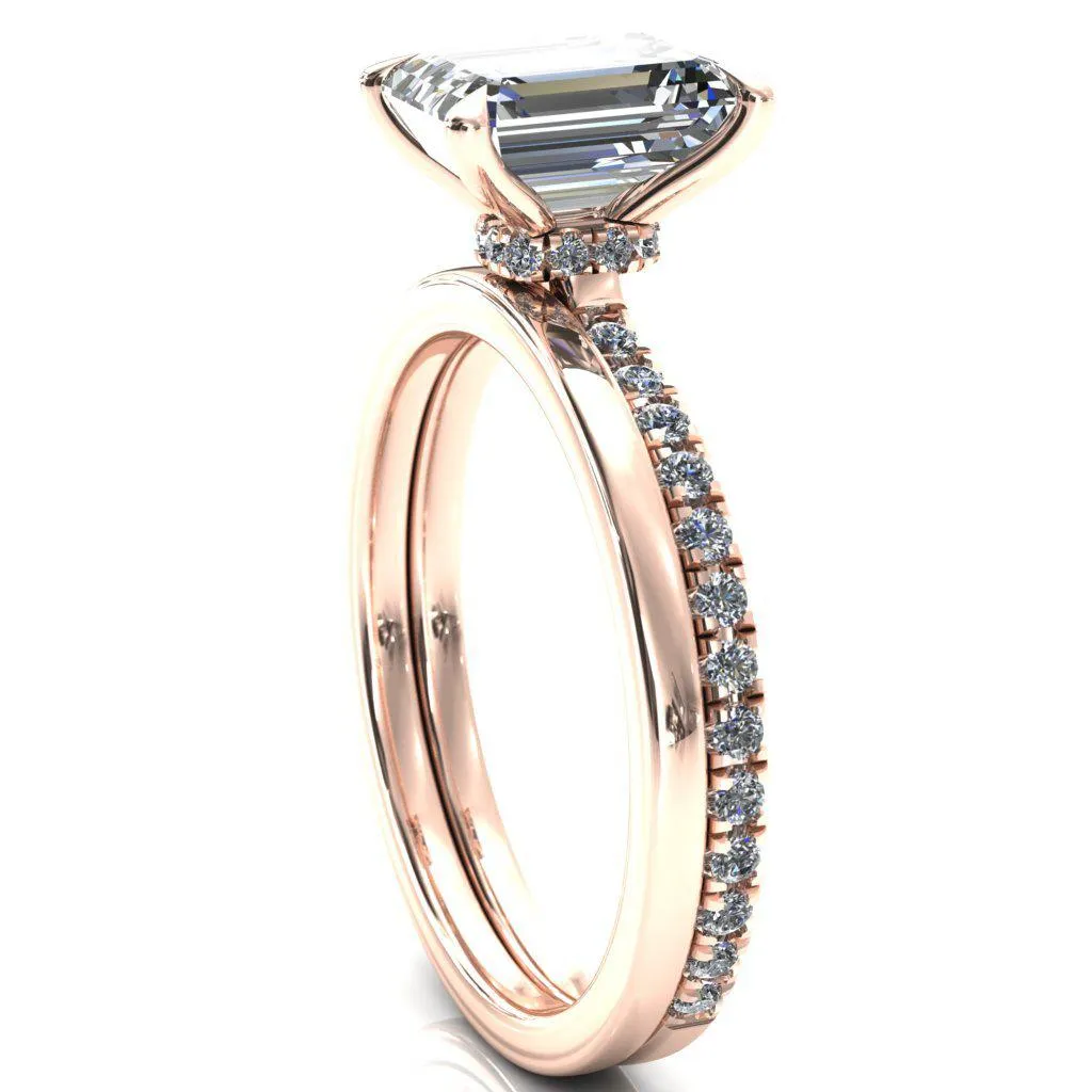 Alayna Emerald Moissanite 4 Claw Prong 3/4 Micro Pave Diamond Accent Ring Engagement Ring