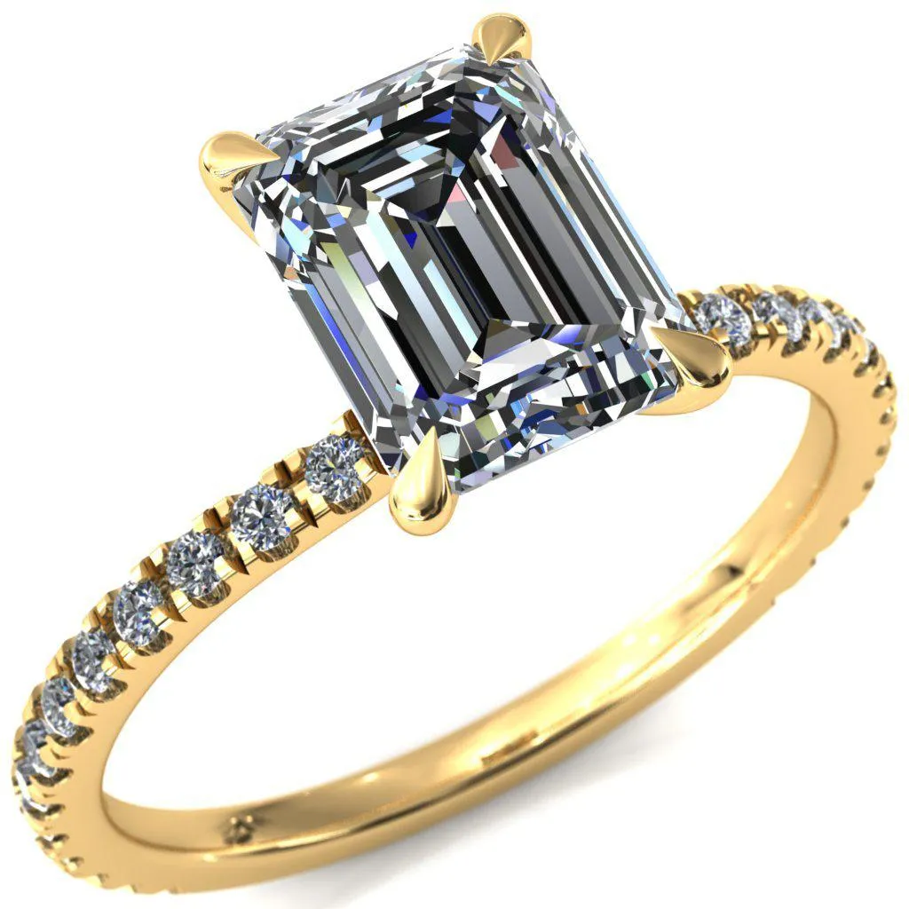 Alayna Emerald Moissanite 4 Claw Prong 3/4 Micro Pave Diamond Accent Ring Engagement Ring
