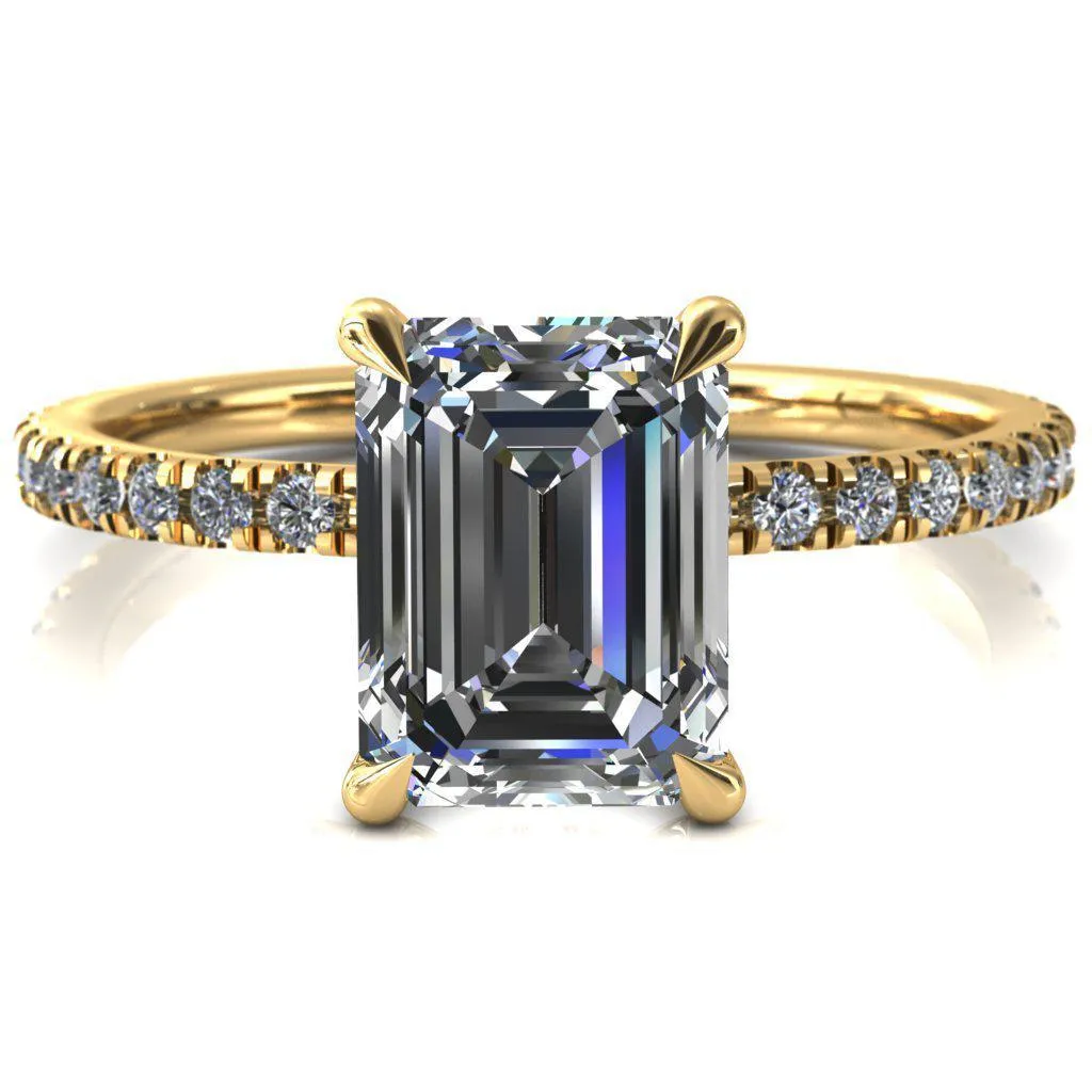 Alayna Emerald Moissanite 4 Claw Prong 3/4 Micro Pave Diamond Accent Ring Engagement Ring