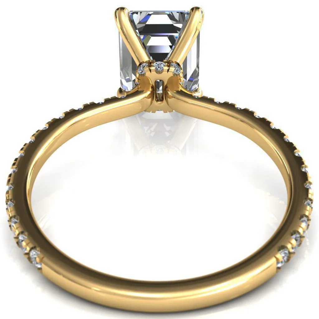 Alayna Emerald Moissanite 4 Claw Prong 3/4 Micro Pave Diamond Accent Ring Engagement Ring