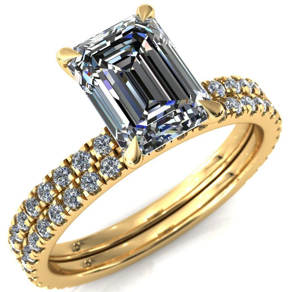 Alayna Emerald Moissanite 4 Claw Prong 3/4 Micro Pave Diamond Accent Ring Engagement Ring