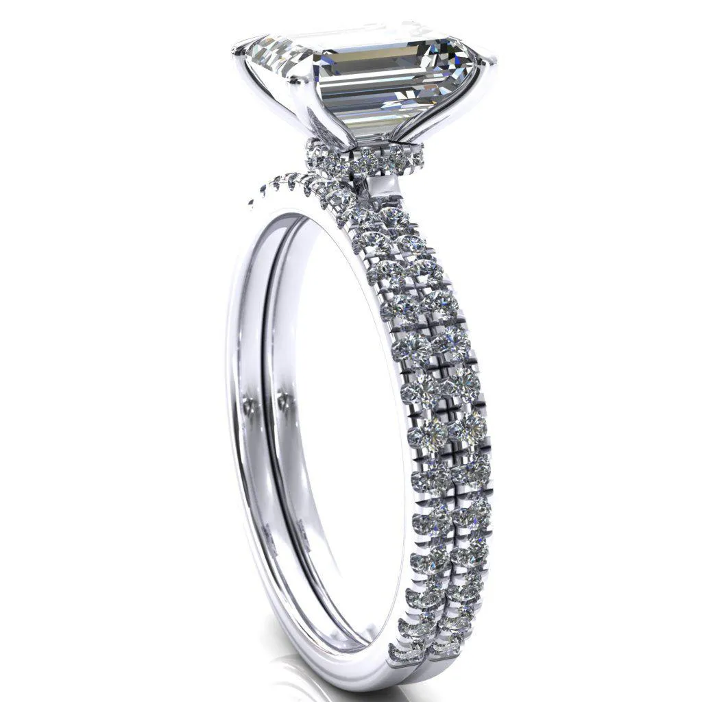 Alayna Emerald Moissanite 4 Claw Prong 3/4 Micro Pave Diamond Accent Ring Engagement Ring