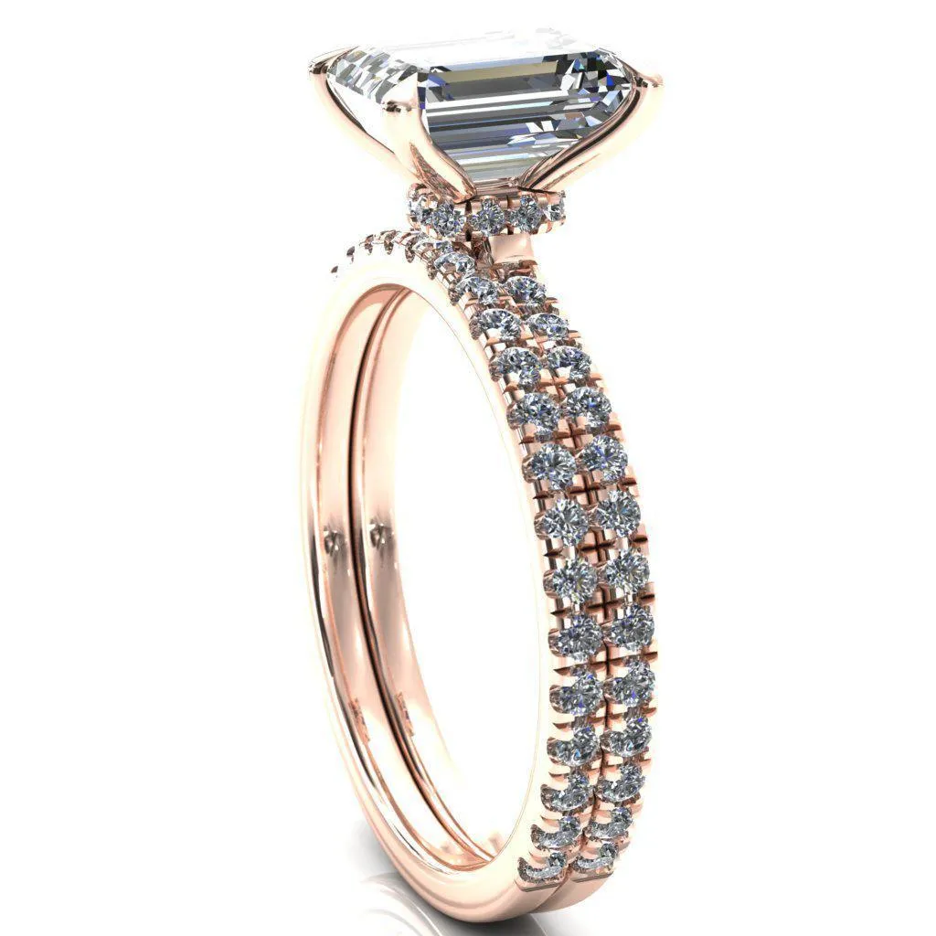 Alayna Emerald Moissanite 4 Claw Prong 3/4 Micro Pave Diamond Accent Ring Engagement Ring