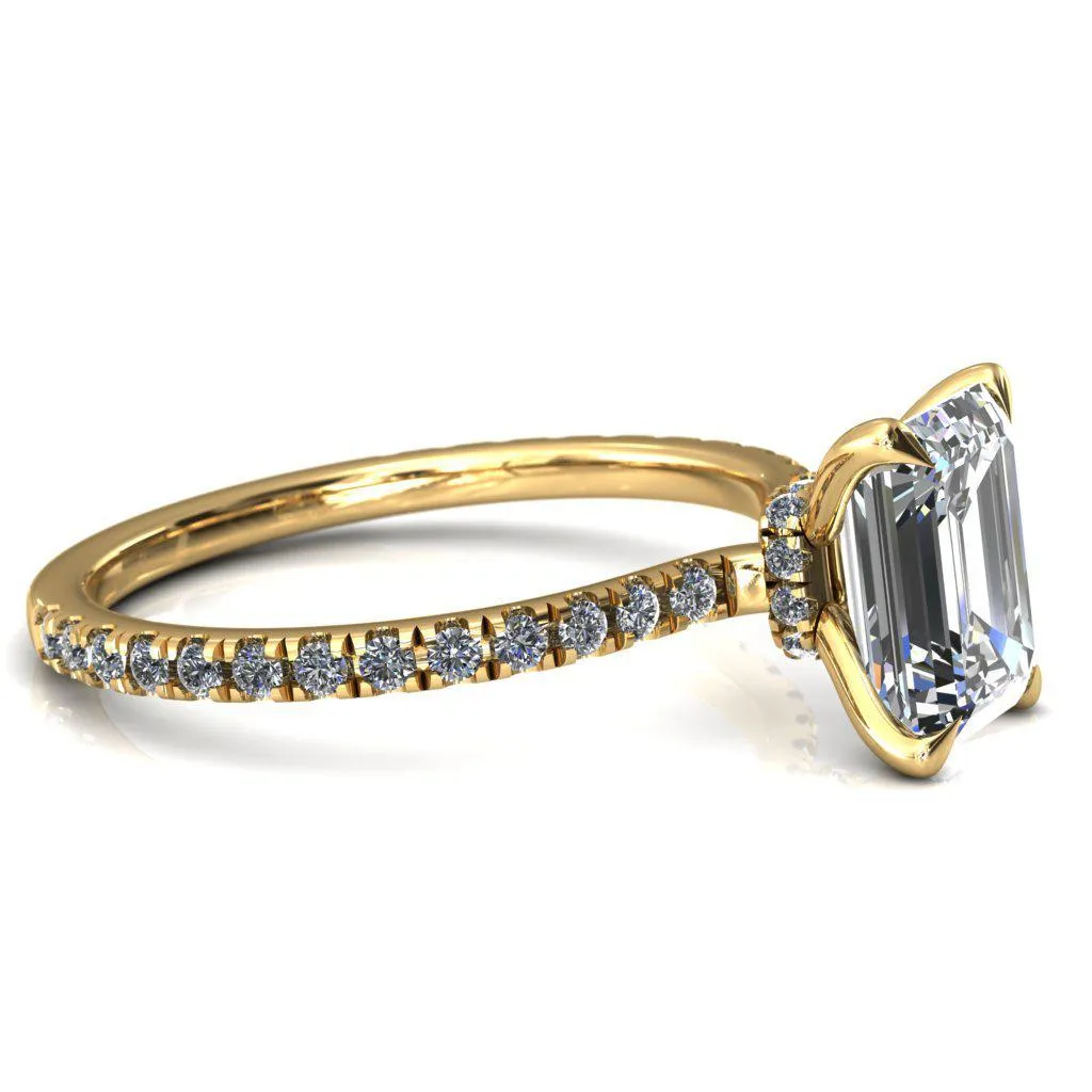 Alayna Emerald Moissanite 4 Claw Prong 3/4 Micro Pave Diamond Accent Ring Engagement Ring