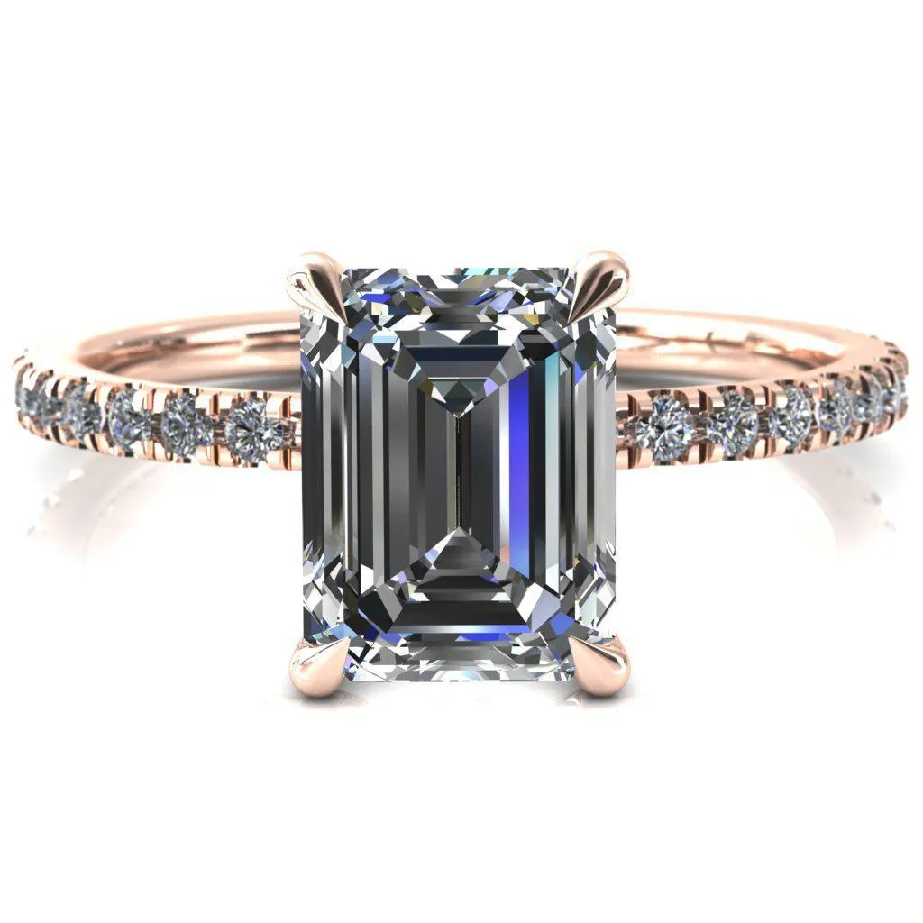 Alayna Emerald Moissanite 4 Claw Prong 3/4 Micro Pave Diamond Accent Ring Engagement Ring