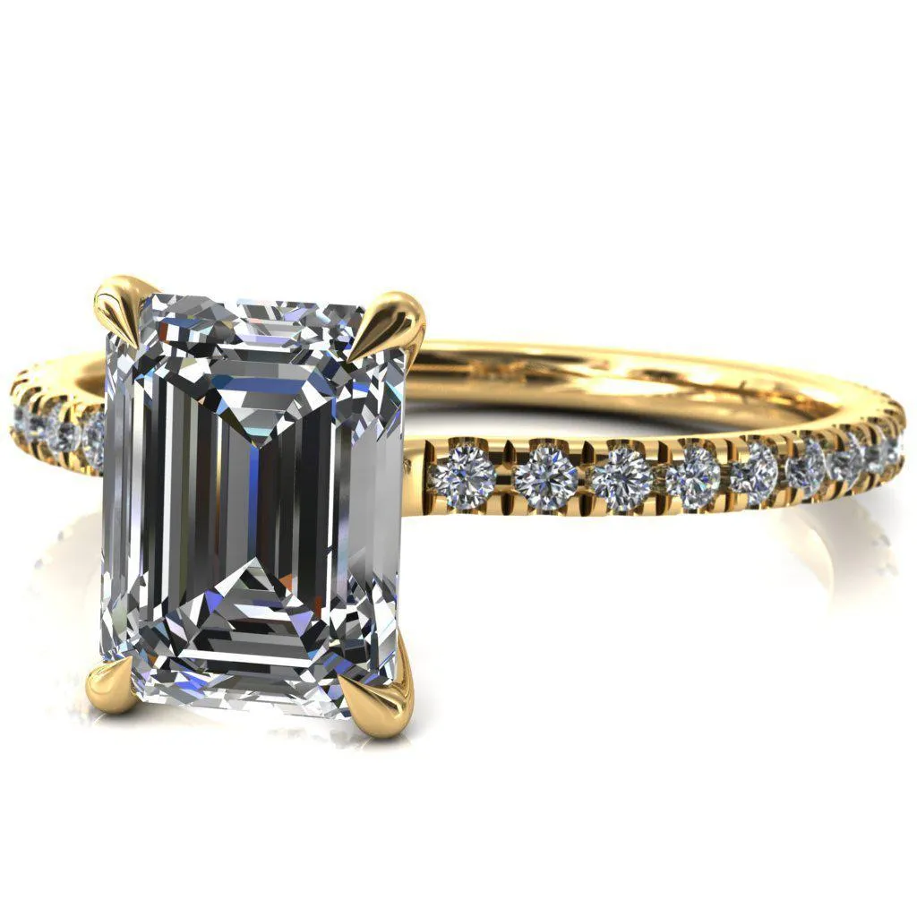 Alayna Emerald Moissanite 4 Claw Prong 3/4 Micro Pave Diamond Accent Ring Engagement Ring