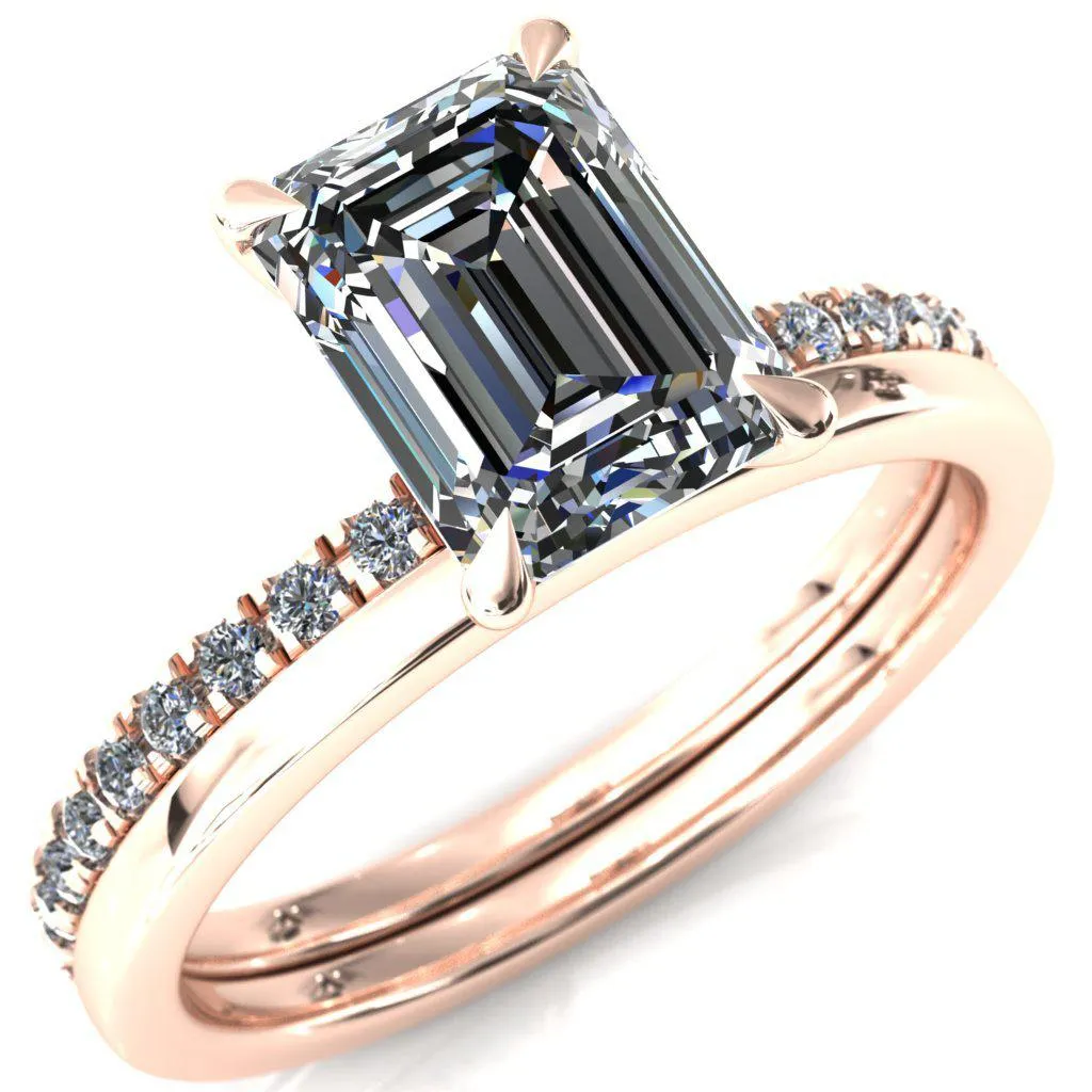 Alayna Emerald Moissanite 4 Claw Prong 3/4 Micro Pave Diamond Accent Ring Engagement Ring