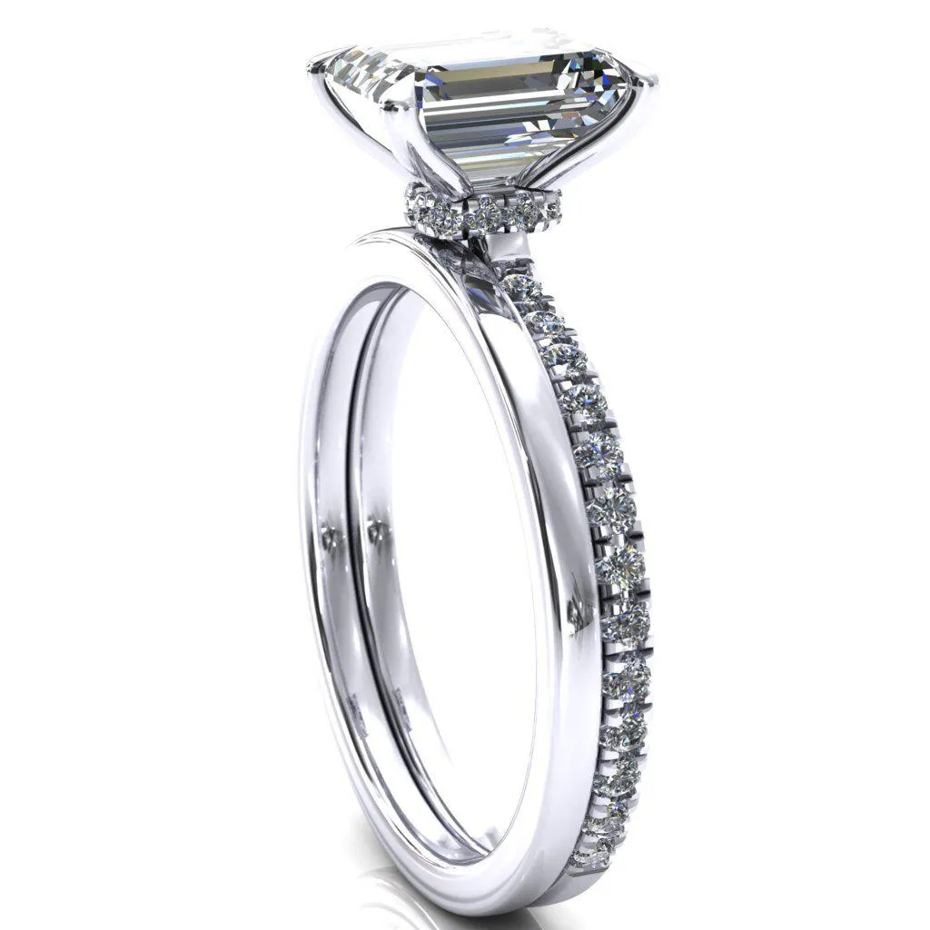 Alayna Emerald Moissanite 4 Claw Prong 3/4 Micro Pave Diamond Accent Ring Engagement Ring