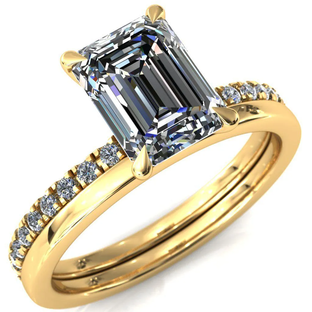 Alayna Emerald Moissanite 4 Claw Prong 3/4 Micro Pave Diamond Accent Ring Engagement Ring