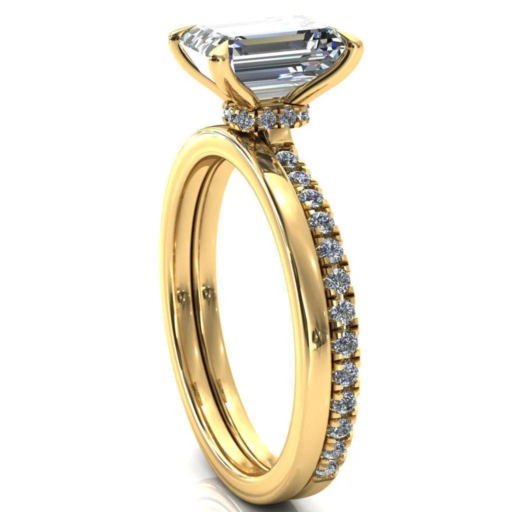 Alayna Emerald Moissanite 4 Claw Prong 3/4 Micro Pave Diamond Accent Ring Engagement Ring