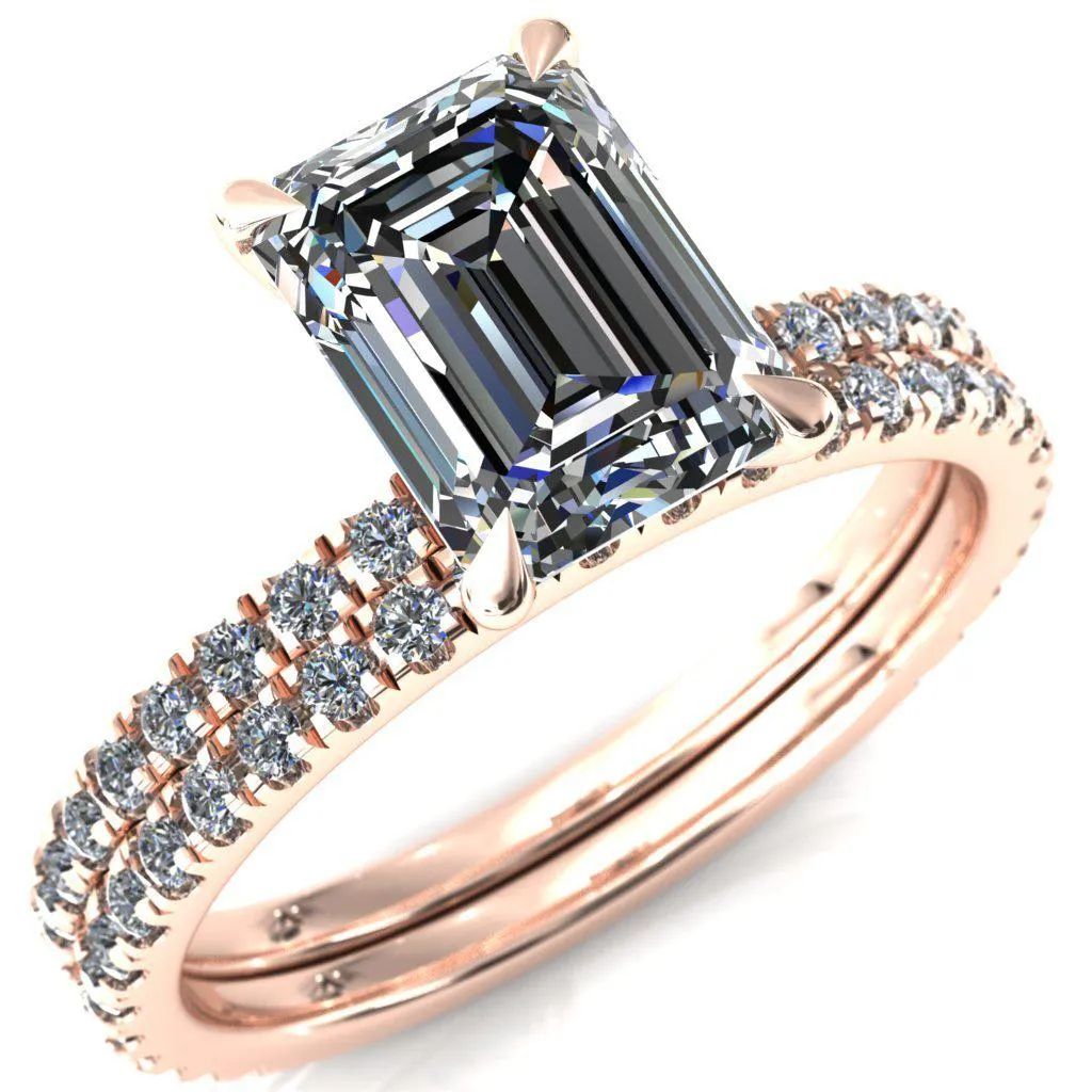 Alayna Emerald Moissanite 4 Claw Prong 3/4 Micro Pave Diamond Accent Ring Engagement Ring