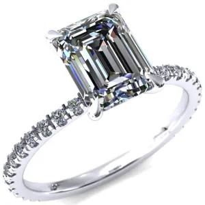 Alayna Emerald Moissanite 4 Claw Prong 3/4 Micro Pave Diamond Accent Ring Engagement Ring