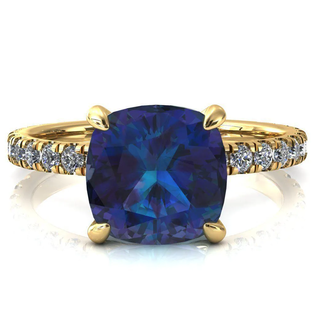 Alessi Cushion Alexandrite 4 Claw Prong 3/4 Micro Pave Engagement Ring
