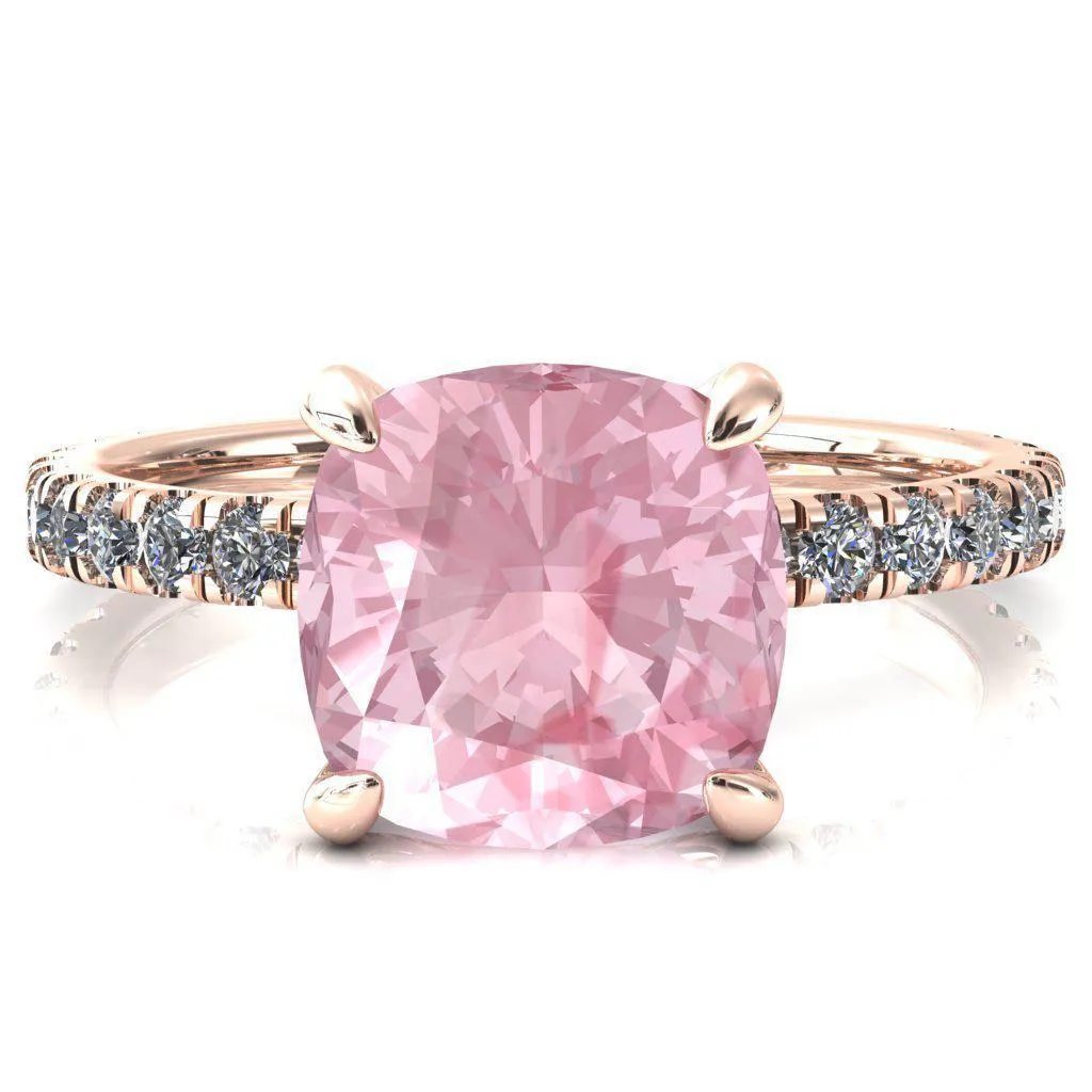 Alessi Cushion Pink Sapphire 4 Claw Prong 3/4 Micro Pave Engagement Ring
