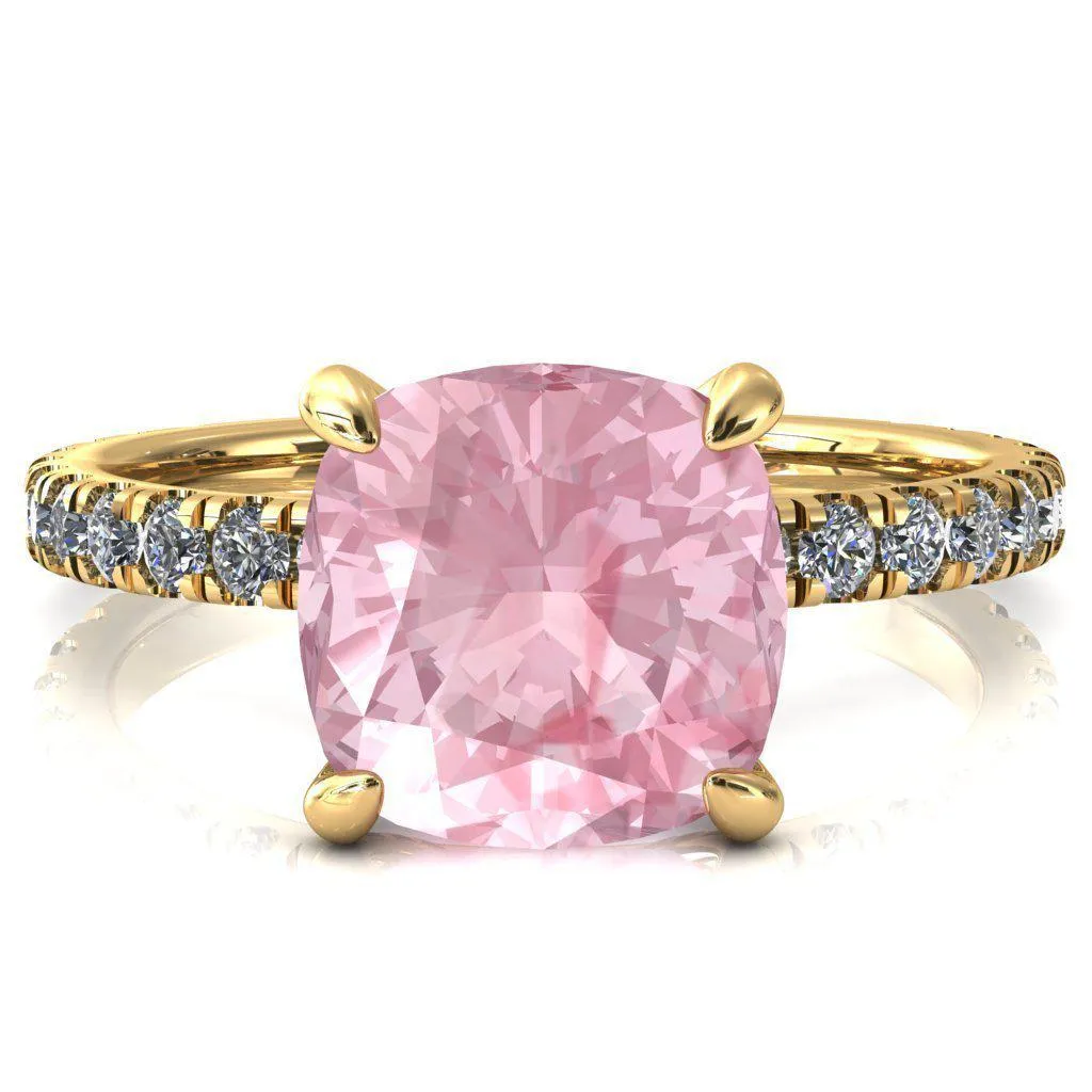 Alessi Cushion Pink Sapphire 4 Claw Prong 3/4 Micro Pave Engagement Ring