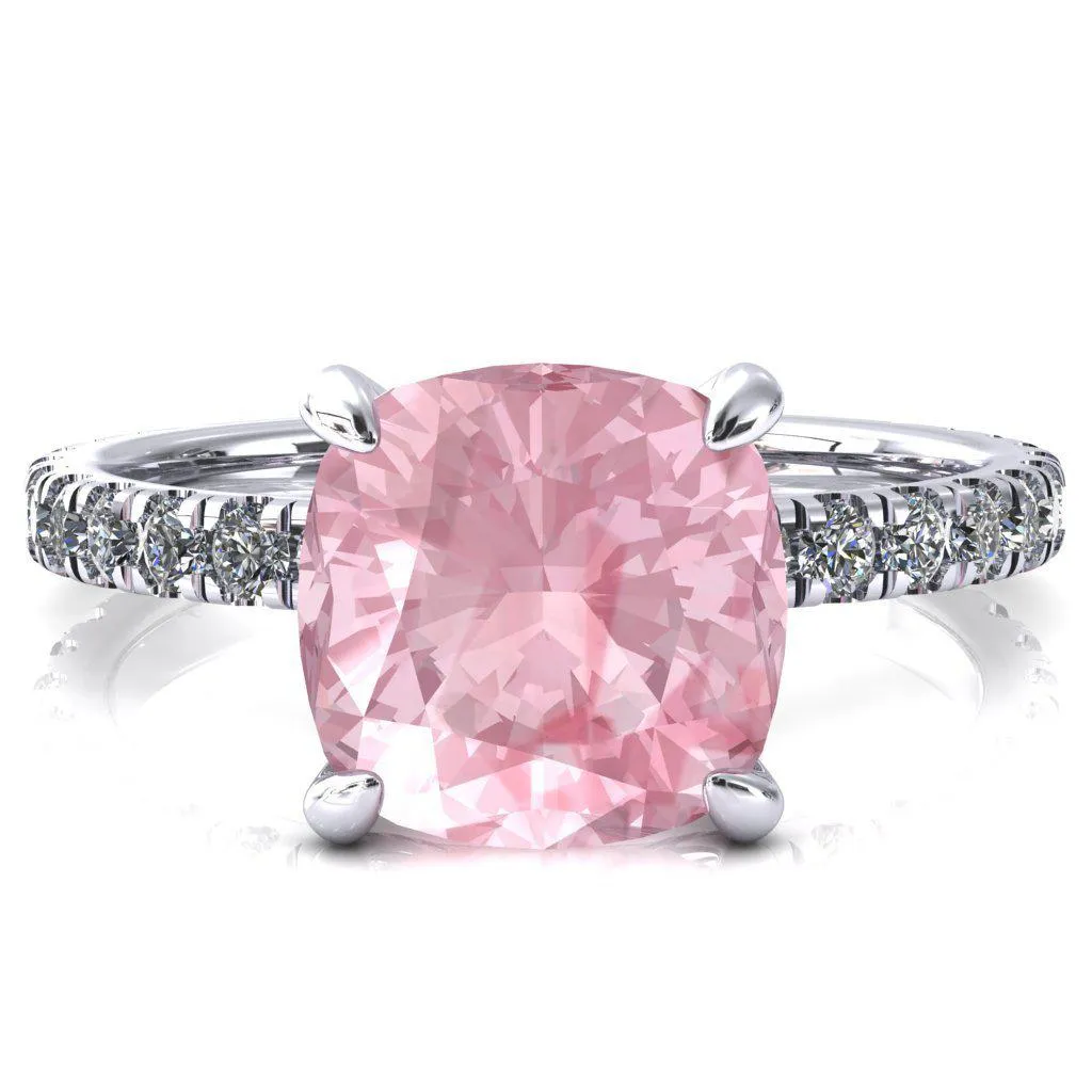 Alessi Cushion Pink Sapphire 4 Claw Prong 3/4 Micro Pave Engagement Ring