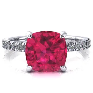 Alessi Cushion Ruby 4 Claw Prong 3/4 Micro Pave Engagement Ring