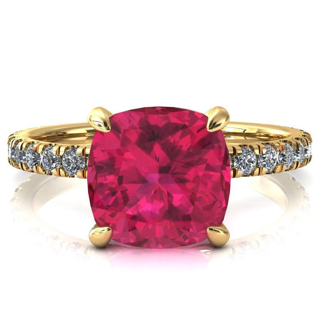 Alessi Cushion Ruby 4 Claw Prong 3/4 Micro Pave Engagement Ring