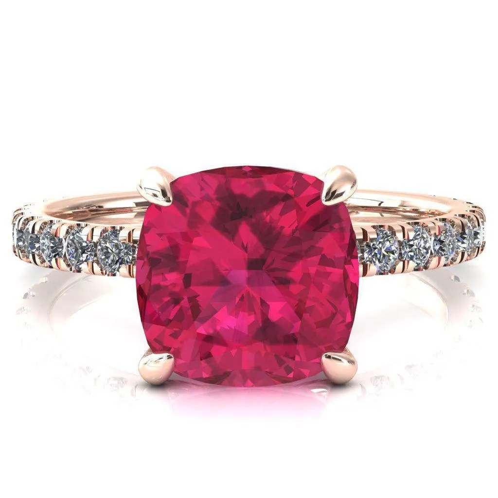 Alessi Cushion Ruby 4 Claw Prong 3/4 Micro Pave Engagement Ring