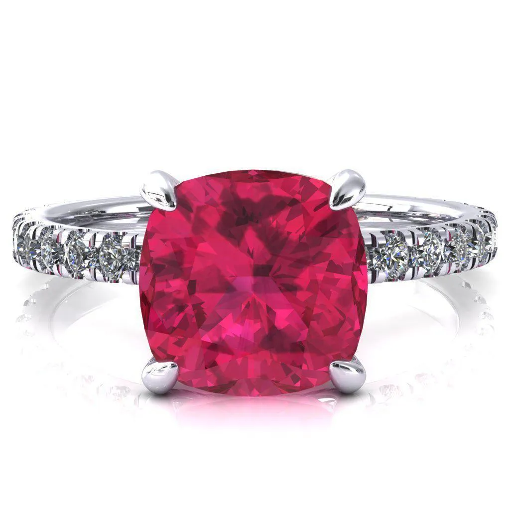 Alessi Cushion Ruby 4 Claw Prong 3/4 Micro Pave Engagement Ring