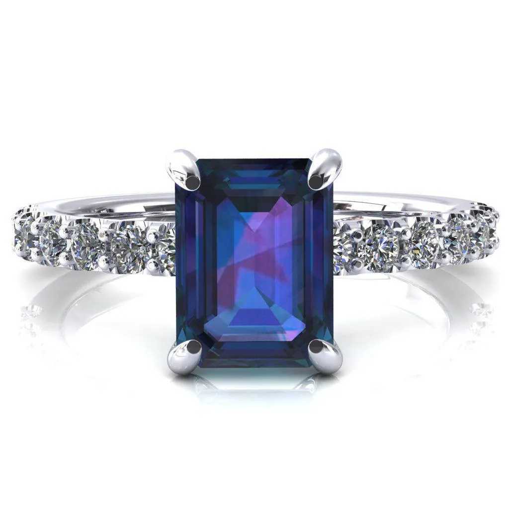 Alessi Emerald Alexandrite 4 Claw Prong 3/4 Micro Pave Engagement Ring