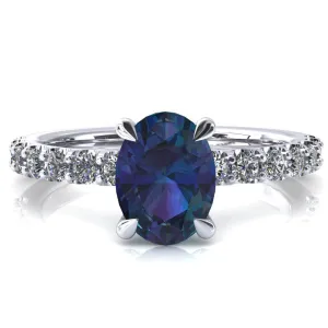 Alessi Oval Alexandrite 4 Claw Prong 3/4 Micro Pave Engagement Ring