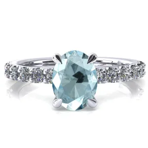 Alessi Oval Aqua Blue Spinel 4 Claw Prong 3/4 Micro Pave Engagement Ring