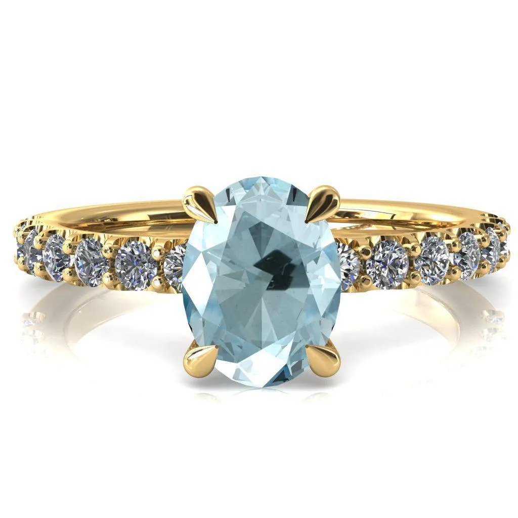 Alessi Oval Aqua Blue Spinel 4 Claw Prong 3/4 Micro Pave Engagement Ring