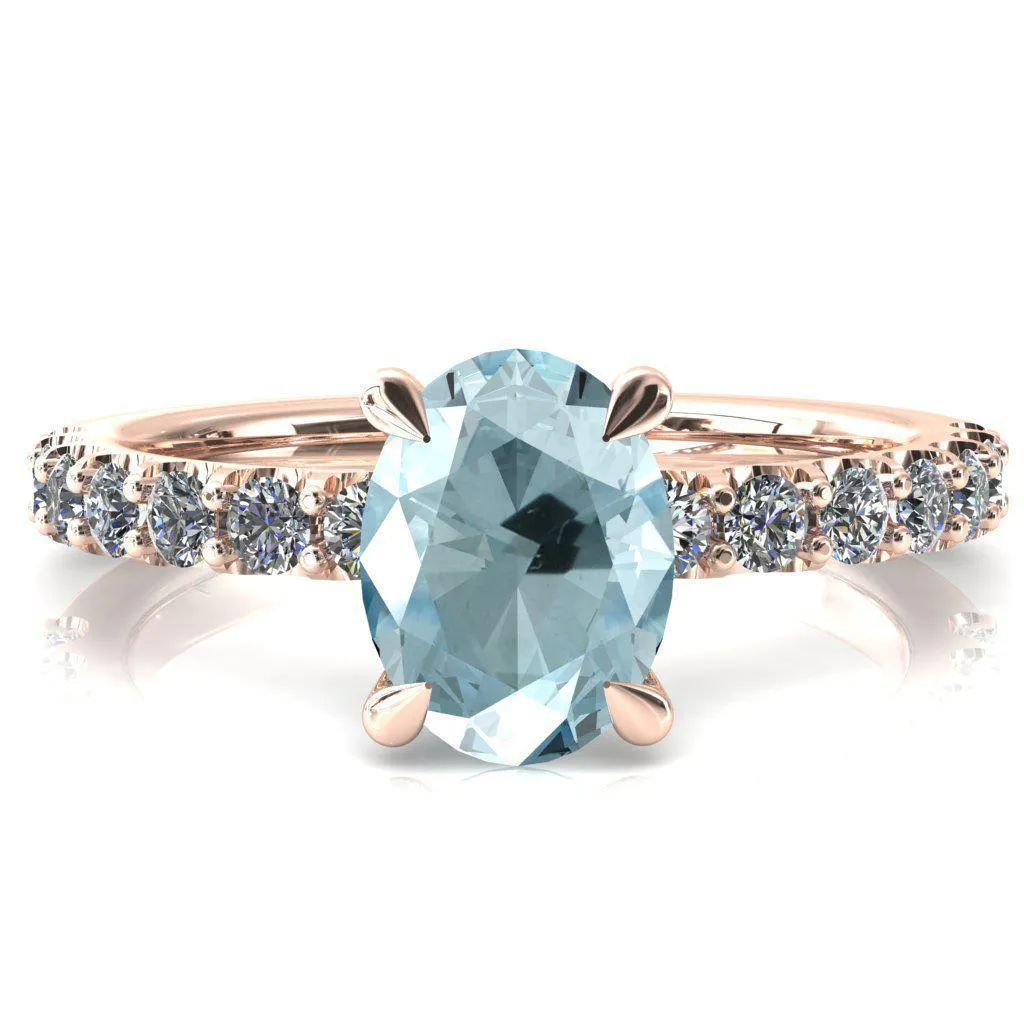 Alessi Oval Aqua Blue Spinel 4 Claw Prong 3/4 Micro Pave Engagement Ring