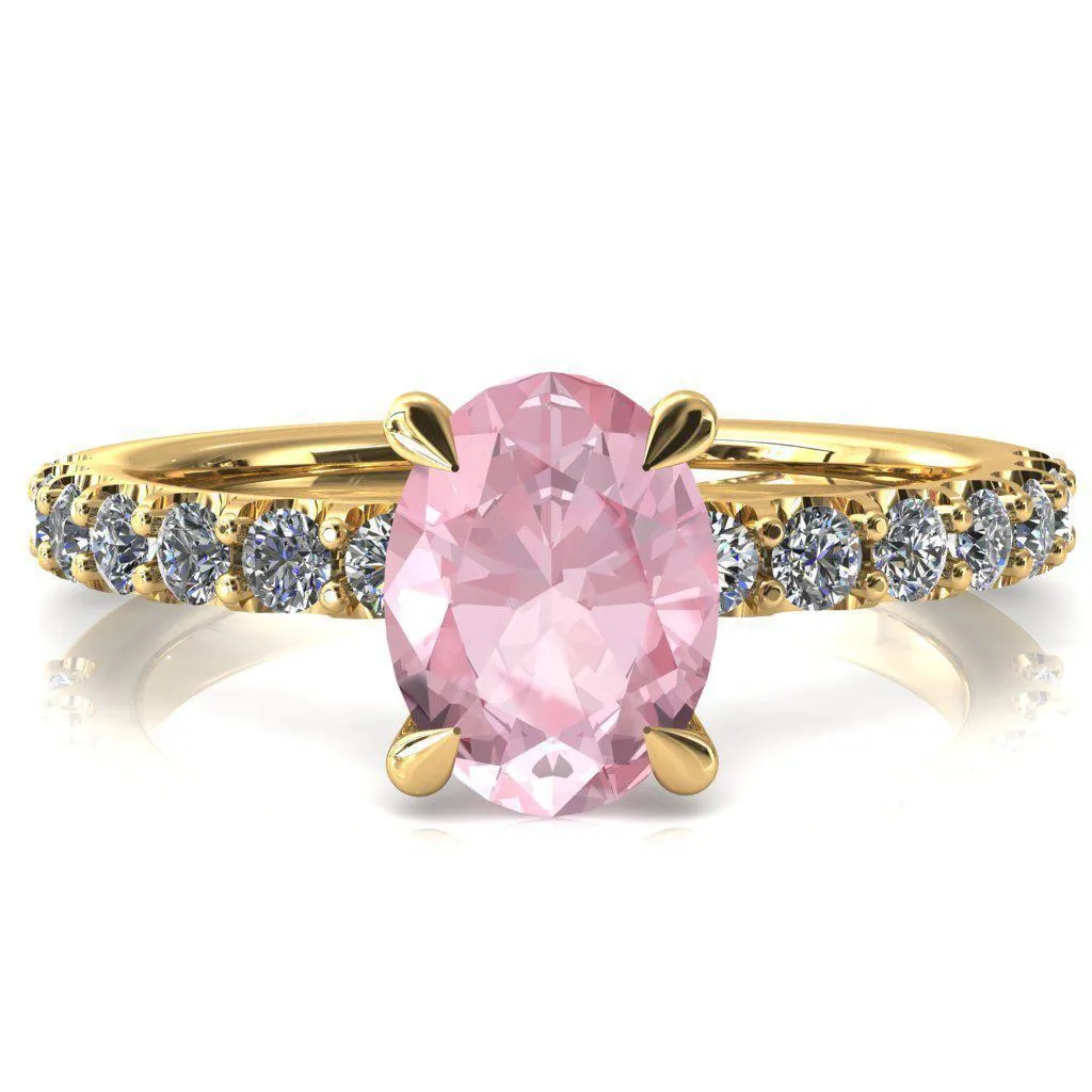 Alessi Oval Pink Sapphire 4 Claw Prong 3/4 Micro Pave Engagement Ring