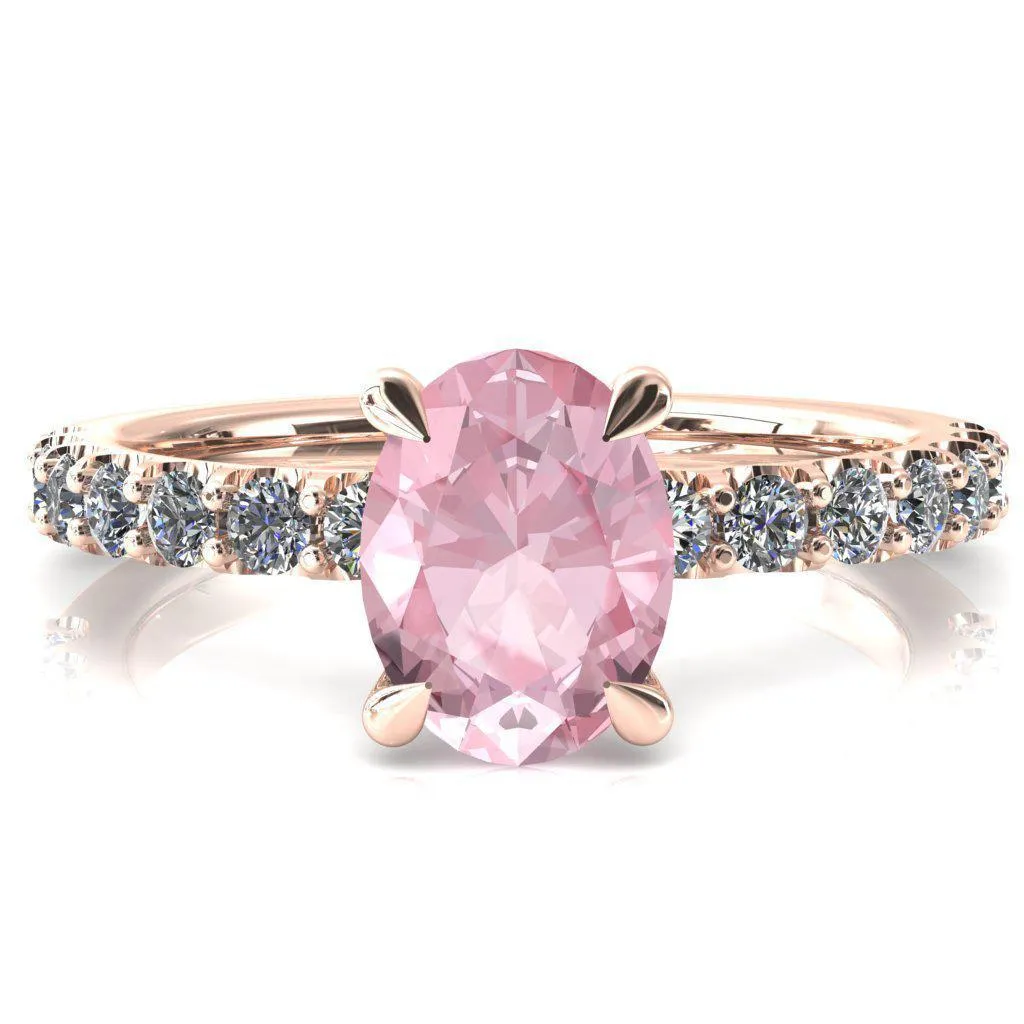 Alessi Oval Pink Sapphire 4 Claw Prong 3/4 Micro Pave Engagement Ring