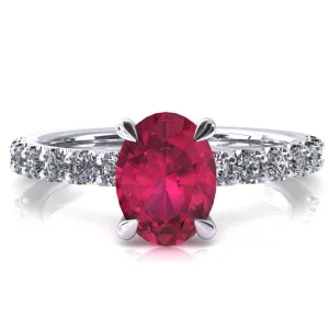 Alessi Oval Ruby 4 Claw Prong 3/4 Micro Pave Engagement Ring