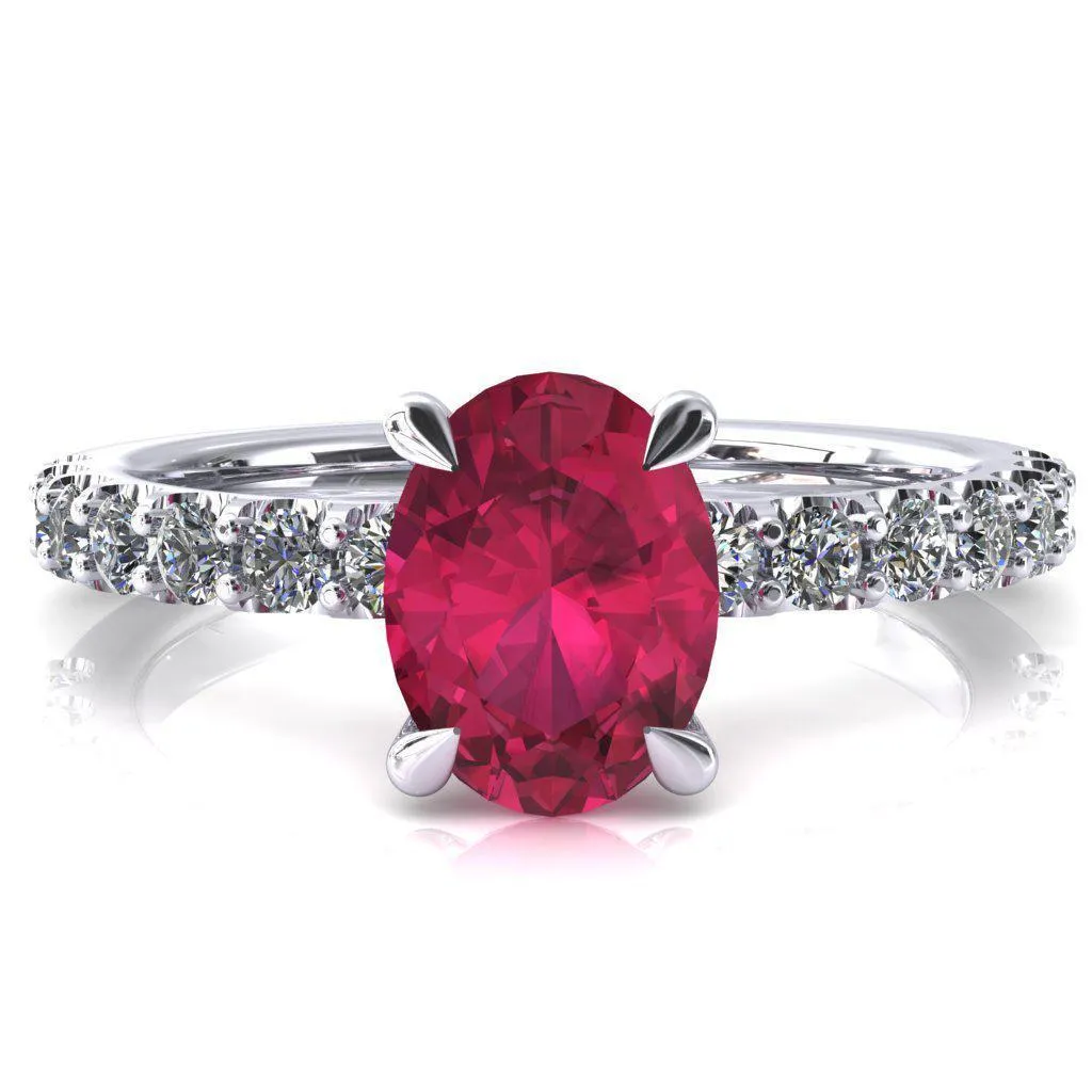 Alessi Oval Ruby 4 Claw Prong 3/4 Micro Pave Engagement Ring