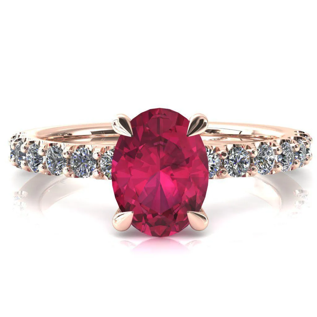 Alessi Oval Ruby 4 Claw Prong 3/4 Micro Pave Engagement Ring
