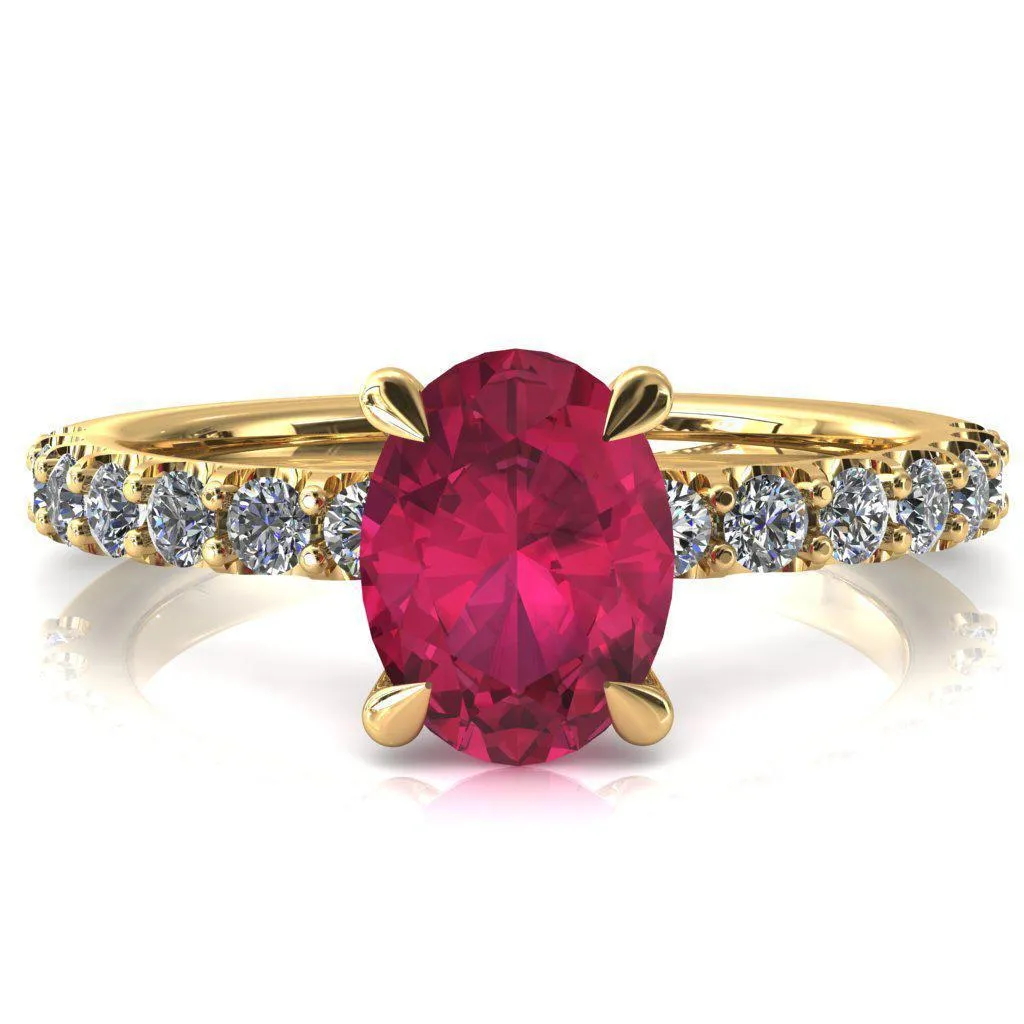 Alessi Oval Ruby 4 Claw Prong 3/4 Micro Pave Engagement Ring