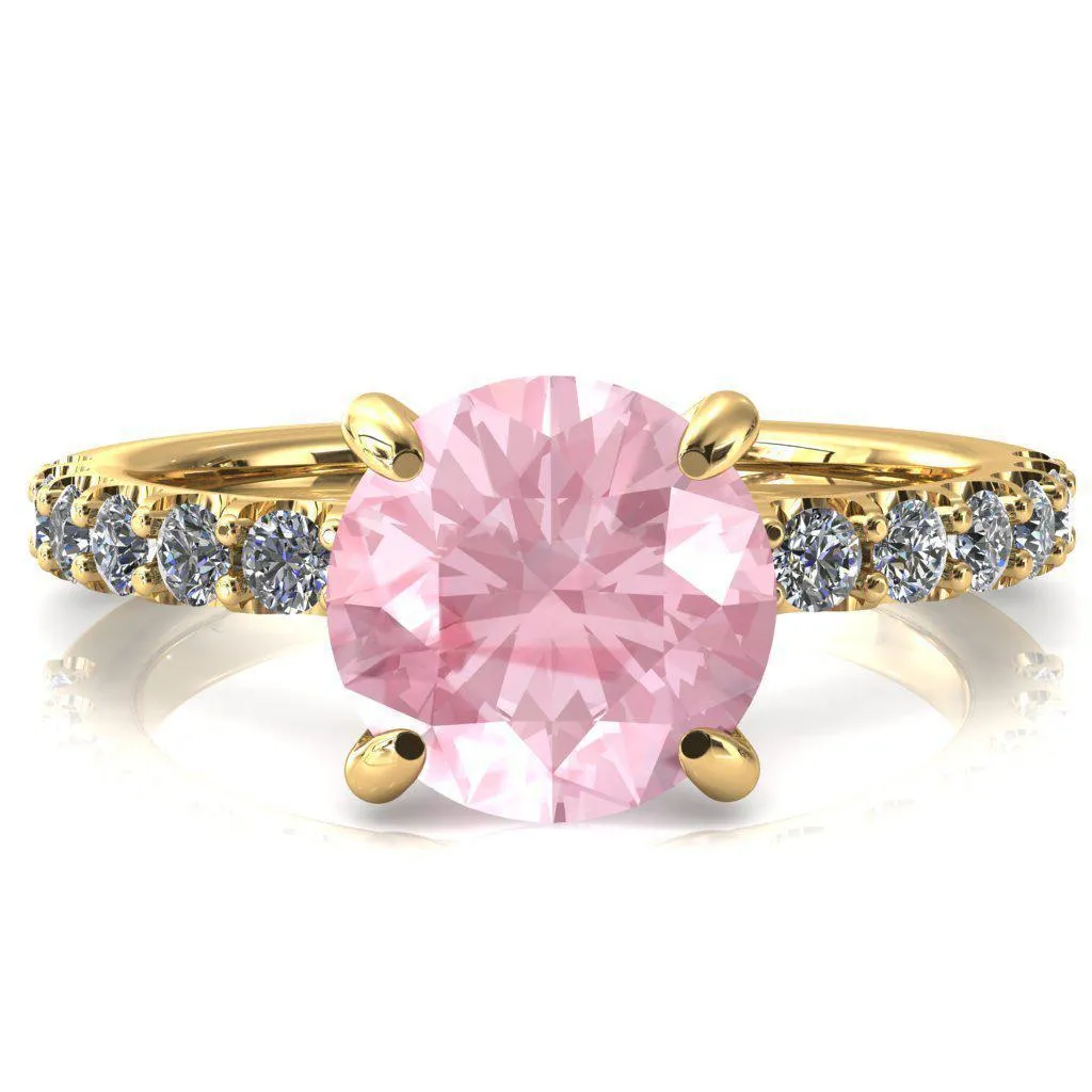 Alessi Round Pink Sapphire 4 Claw Prong 3/4 Micro Pave Engagement Ring