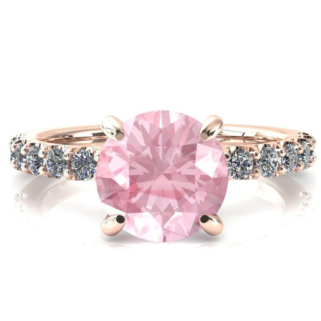 Alessi Round Pink Sapphire 4 Claw Prong 3/4 Micro Pave Engagement Ring