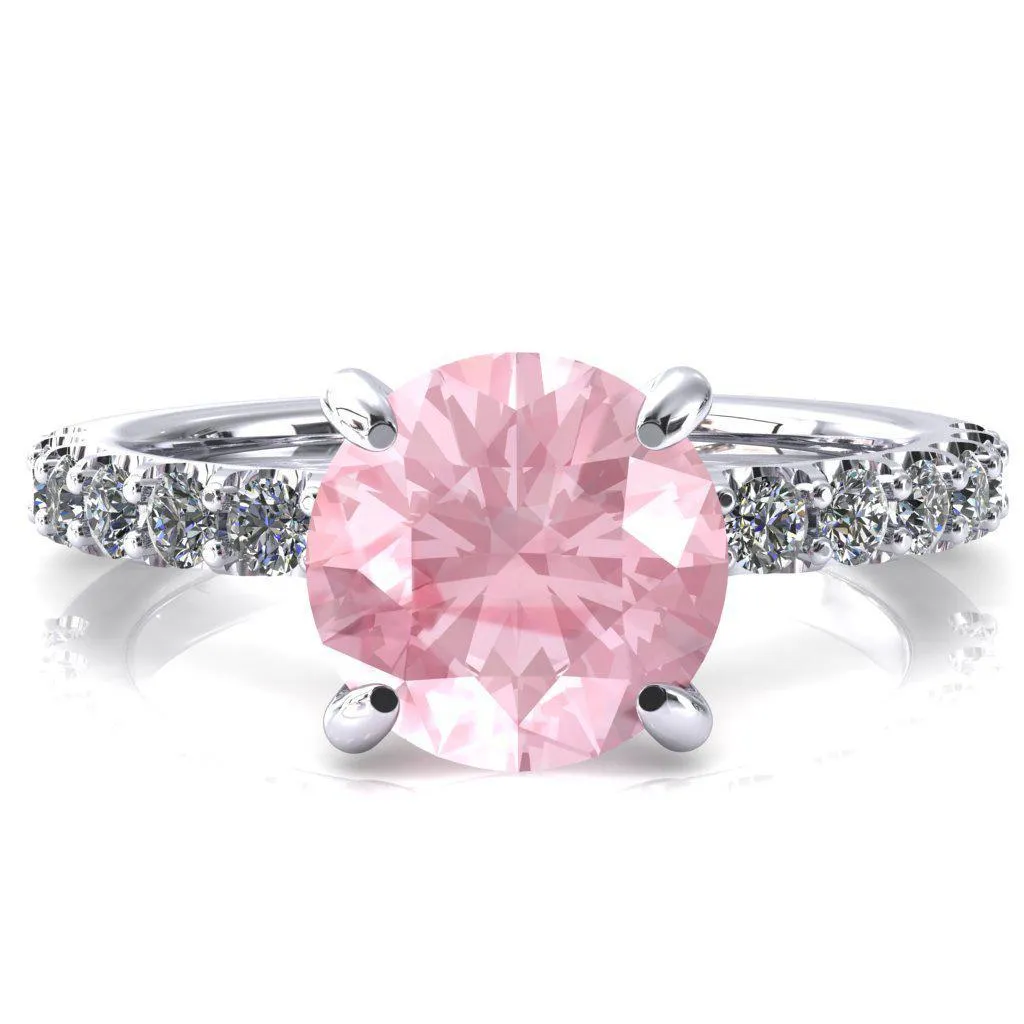 Alessi Round Pink Sapphire 4 Claw Prong 3/4 Micro Pave Engagement Ring
