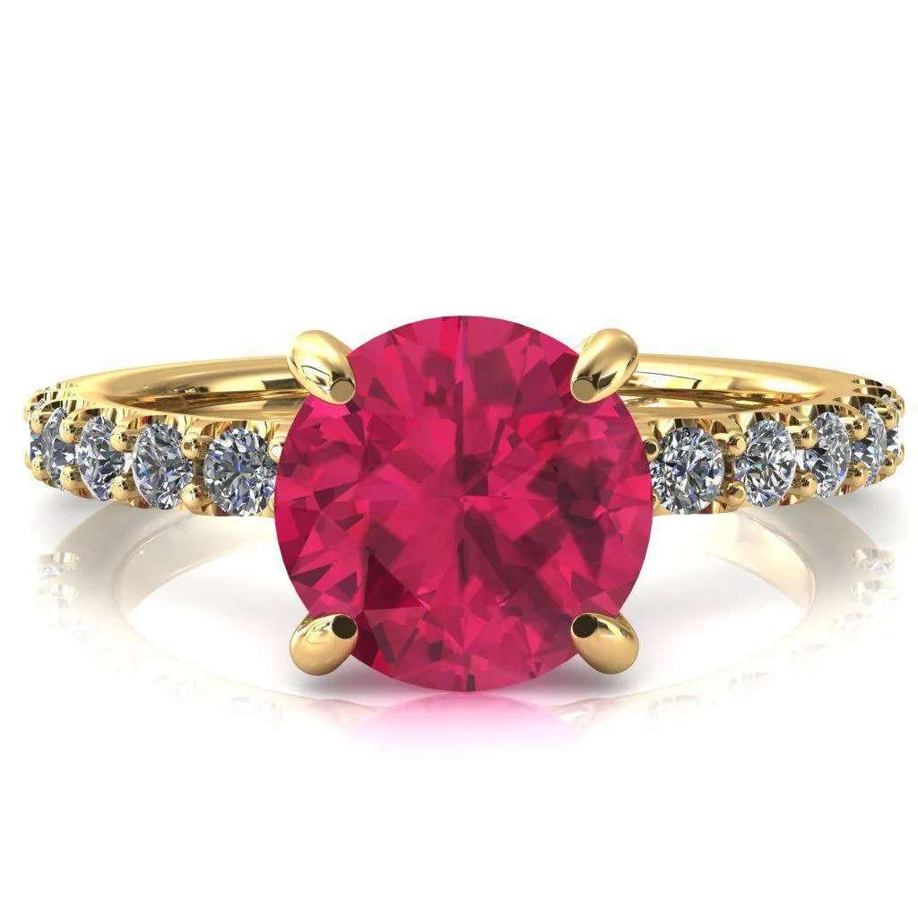 Alessi Round Ruby 4 Claw Prong 3/4 Micro Pave Engagement Ring