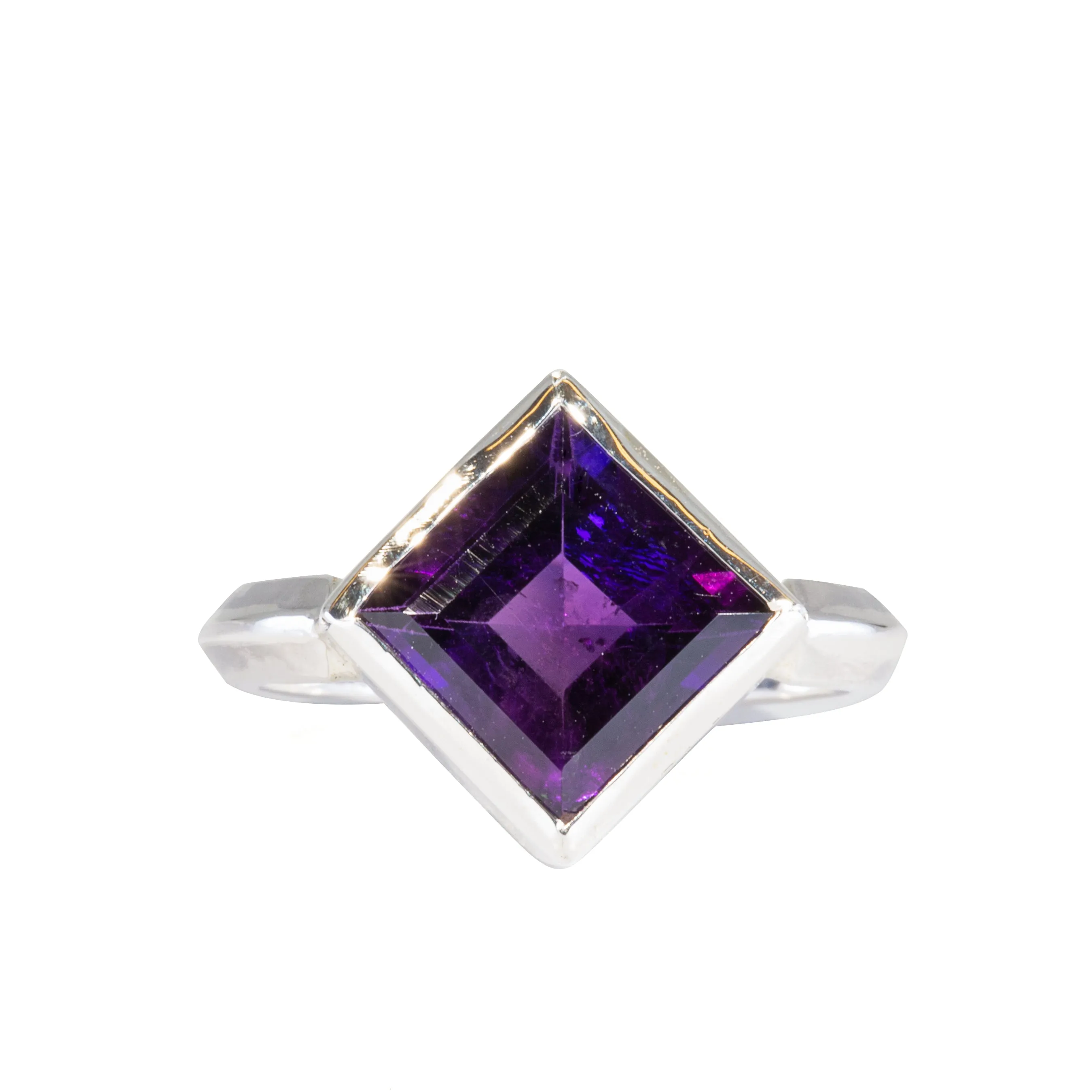 Amethyst 5.18 Carat Square Faceted Sterling Silver Handcrafted Gemstone Ring