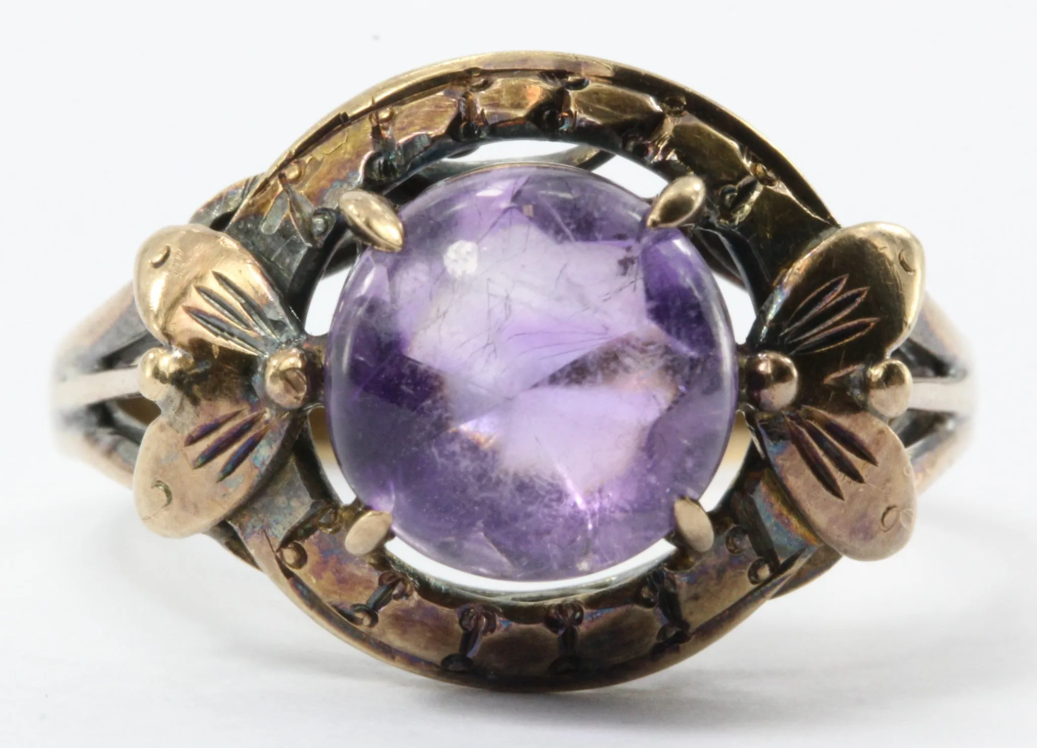 Antique Art Nouveau 14K Rose Gold 2.5ct Amethyst Cabochon Ring