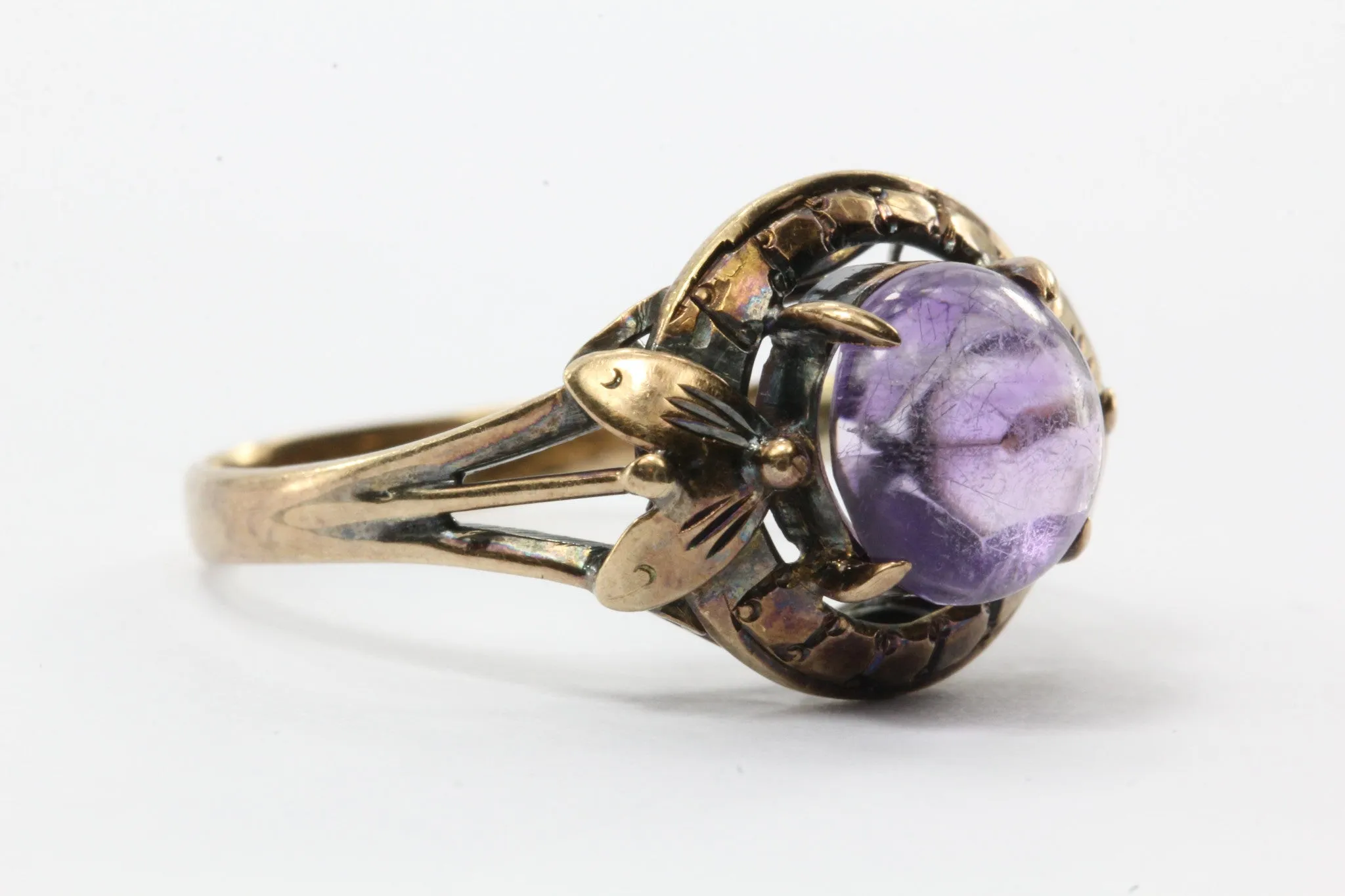 Antique Art Nouveau 14K Rose Gold 2.5ct Amethyst Cabochon Ring