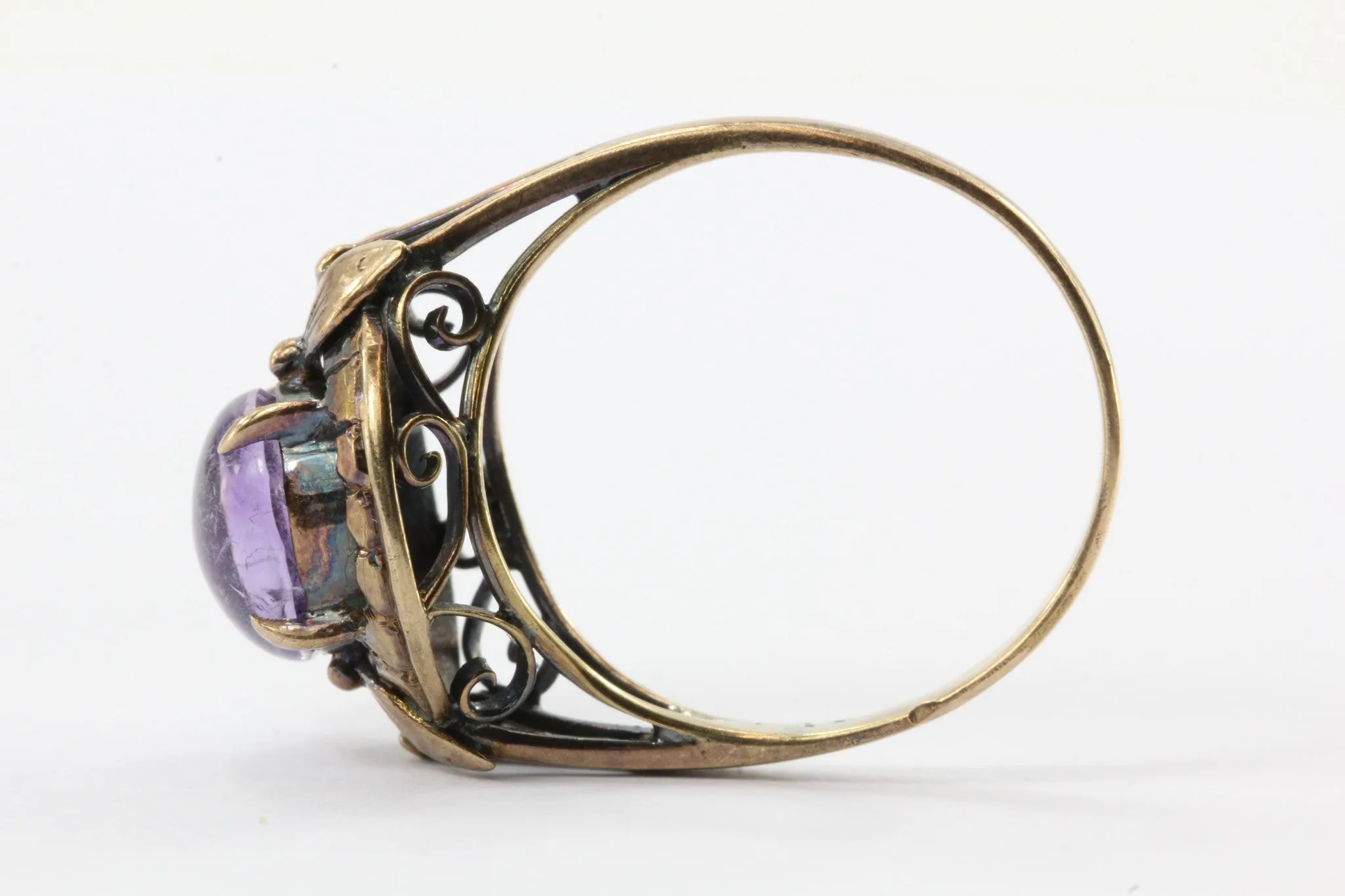 Antique Art Nouveau 14K Rose Gold 2.5ct Amethyst Cabochon Ring