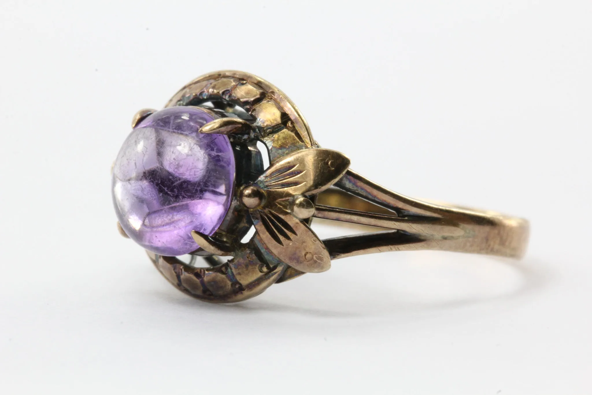 Antique Art Nouveau 14K Rose Gold 2.5ct Amethyst Cabochon Ring