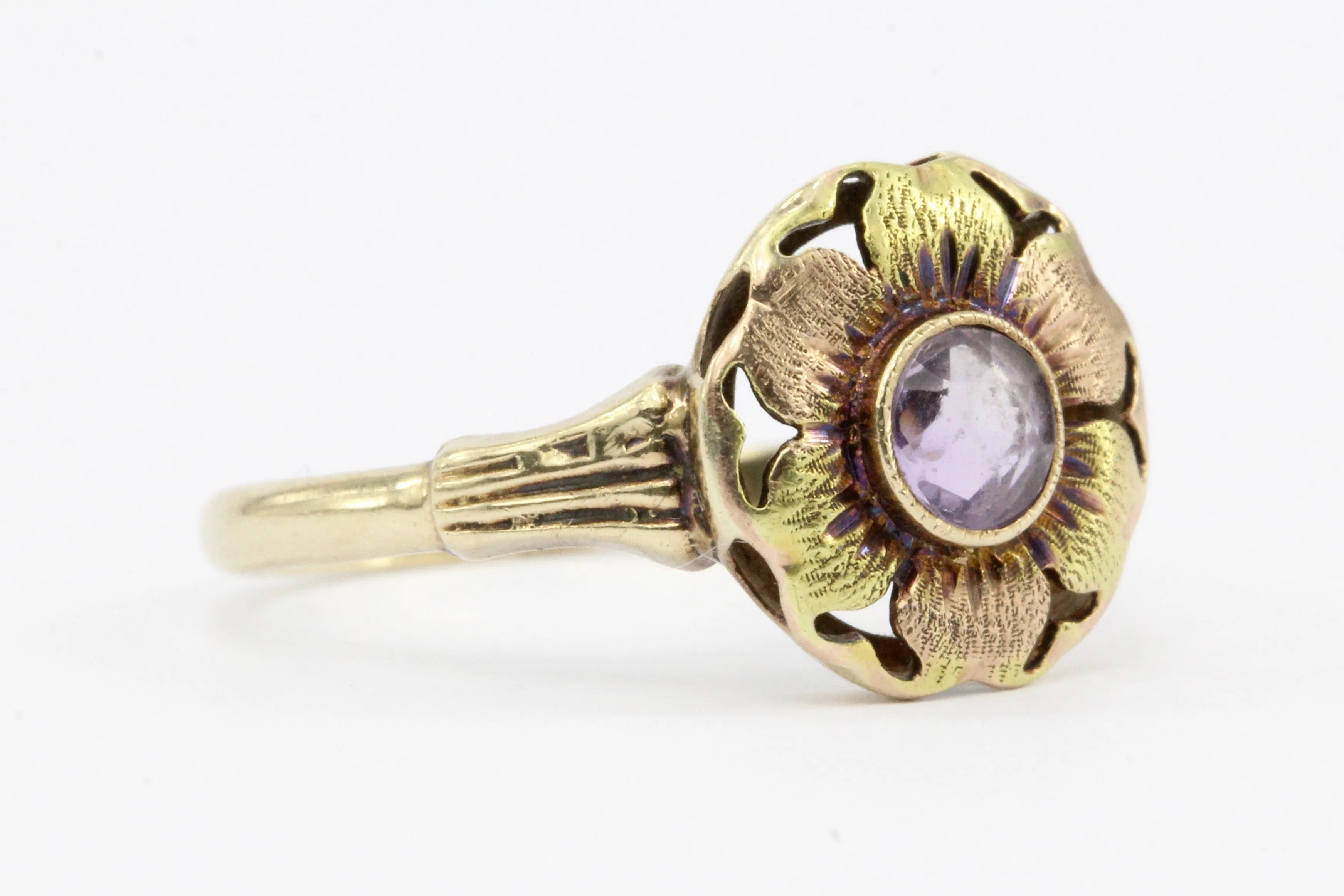 Art Deco ESEMCO 10K Rose & Green Gold Amethyst Flower Ring c.1920's