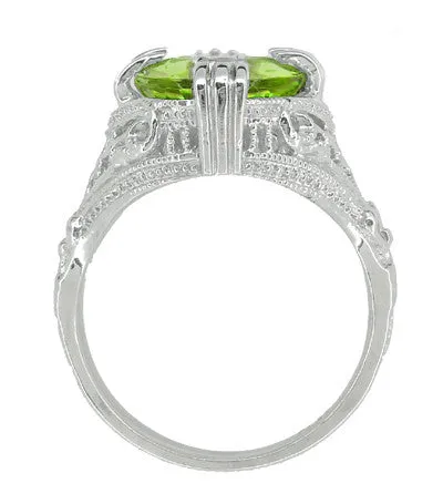 Art Deco Filigree 5.5 Carat Large Oval Peridot Statement Ring in 14 Karat White Gold