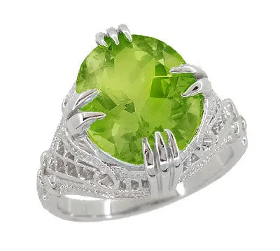 Art Deco Filigree 5.5 Carat Large Oval Peridot Statement Ring in 14 Karat White Gold